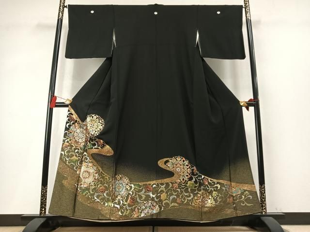 平和屋着物●豪華黒留袖 吉祥花鳥文 金銀彩 正絹 逸品 AABN3861fy