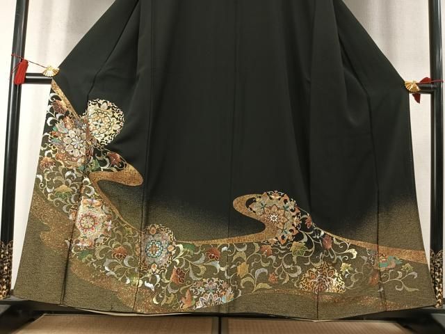 平和屋着物●豪華黒留袖 吉祥花鳥文 金銀彩 正絹 逸品 AABN3861fy