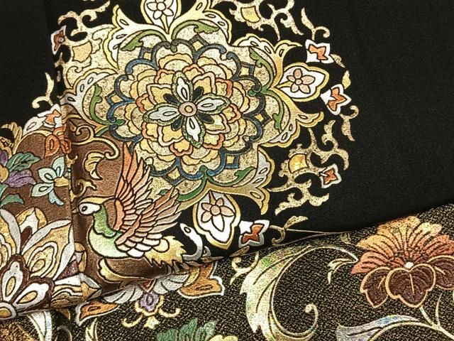 平和屋着物●豪華黒留袖 吉祥花鳥文 金銀彩 正絹 逸品 AABN3861fy