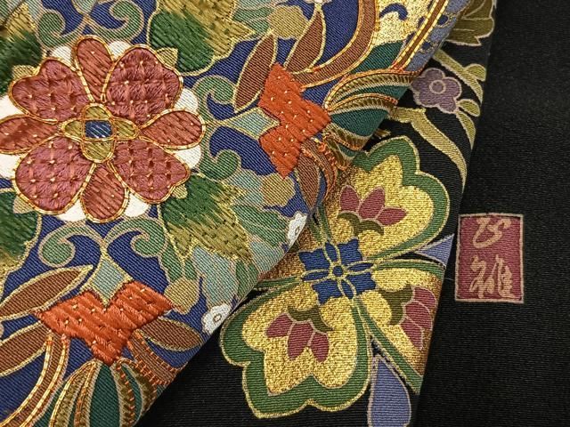 平和屋着物●豪華黒留袖 作家物 駒刺繍 吉祥花文 金糸 金彩 正絹 逸品 AABN3862fy