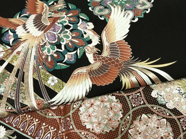 平和屋着物●豪華黒留袖 鳳凰熨斗花文 金銀彩 正絹 逸品 AABN3863fy