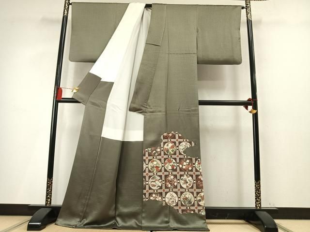平和屋着物●中国三大刺繡 スワトウ刺繡 汕頭刺繡 相良刺繡 総刺繡 色留袖 花丸文 金糸 正絹 逸品 AABN3940fy