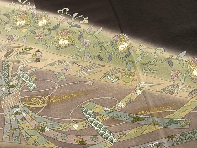 平和屋着物●友禅作家 河野栖山 訪問着 兎束ね熨斗花文 暈し染め 金彩 正絹 逸品 未使用 AABN3947fy