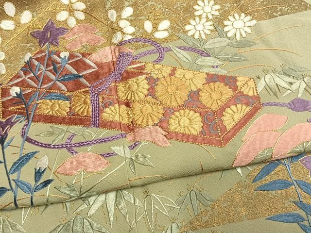 平和屋着物●豪華色留袖 総刺繍 駒刺繍 文箱花文 金糸 金彩 正絹 逸品 AABN3969fy