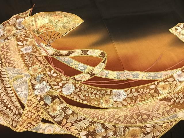 平和屋着物●豪華黒留袖 作家物 駒刺繍 扇面熨斗花文 暈し染め 金彩 やまと誂製 正絹 逸品 未使用 AABN3974fy