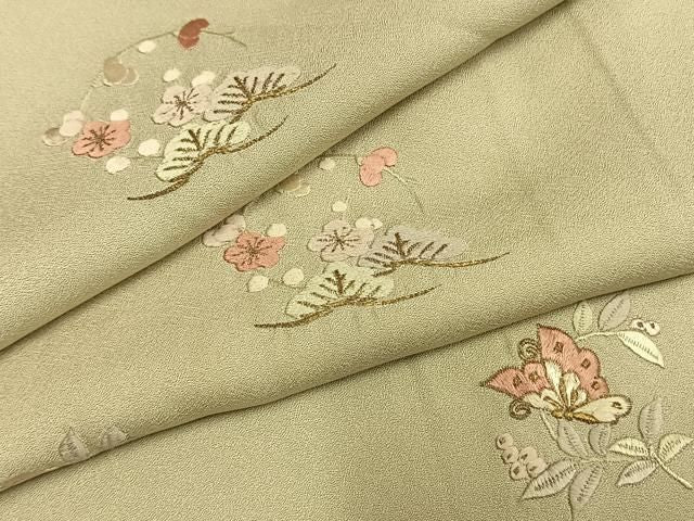 平和屋着物●訪問着 総刺繍 花蝶文 金糸 正絹 逸品 AABN3975fy