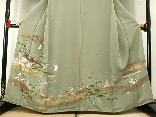 平和屋着物●豪華色留袖 作家物 刺繍 風景松文 暈し染め 金糸 金彩 正絹 逸品 AABN4003fy