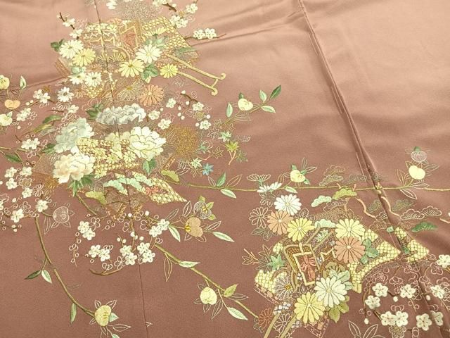 平和屋着物●訪問着 総刺繍 御所車冊子花文 暈し染め 金糸 仮絵羽 正絹 逸品 未使用 AABN4037fy