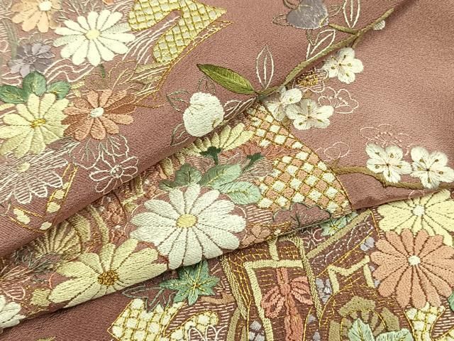 平和屋着物●訪問着 総刺繍 御所車冊子花文 暈し染め 金糸 仮絵羽 正絹 逸品 未使用 AABN4037fy