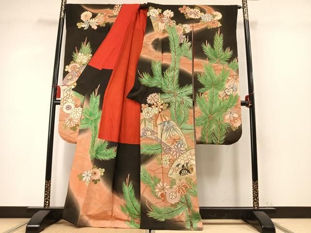 平和屋本店●アンティーク 大正ロマン 振袖 駒刺繍 松竹梅 暈し染め 黒地 金彩 正絹 逸品 AABN4043fy