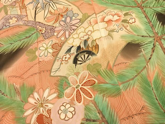 平和屋本店●アンティーク 大正ロマン 振袖 駒刺繍 松竹梅 暈し染め 黒地 金彩 正絹 逸品 AABN4043fy