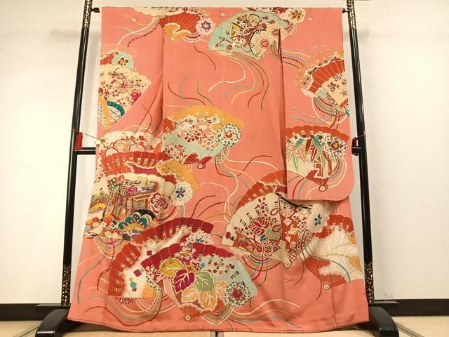平和屋本店●アンティーク 大正ロマン 振袖 駒刺繍 御所車扇面松花文 金銀彩 正絹 逸品 AABN4044fy