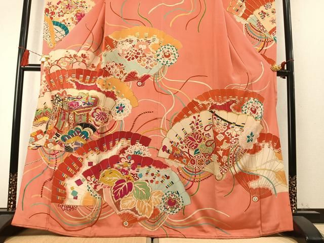 平和屋本店●アンティーク 大正ロマン 振袖 駒刺繍 御所車扇面松花文 金銀彩 正絹 逸品 AABN4044fy