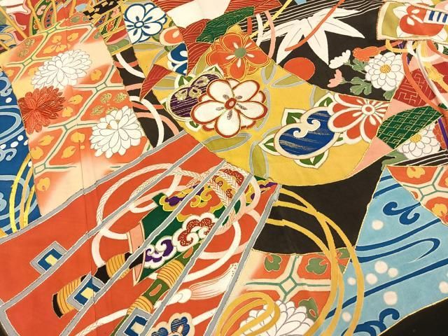 平和屋本店●アンティーク 大正ロマン 振袖 駒刺繍 扇面花文 暈し染め 黒地 金銀糸 金彩 正絹 逸品 AABN4046fy