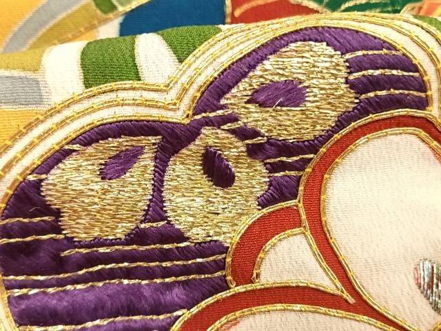 平和屋本店●アンティーク 大正ロマン 振袖 駒刺繍 扇面花文 暈し染め 黒地 金銀糸 金彩 正絹 逸品 AABN4046fy