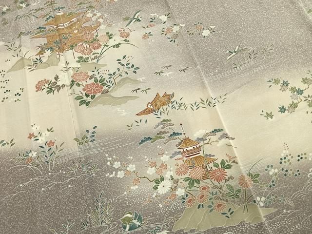 平和屋着物●訪問着 友禅 風景花鳥文 暈し染め 鈴乃屋扱い 正絹 逸品 AABN4047fy