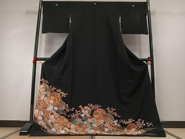 平和屋着物●豪華黒留袖 駒刺繍 熨斗花文 金彩 ロング丈 正絹 逸品 AABN4048fy