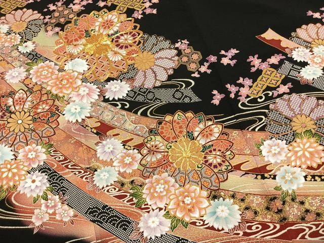 平和屋着物●豪華黒留袖 駒刺繍 熨斗花文 金彩 ロング丈 正絹 逸品 AABN4048fy