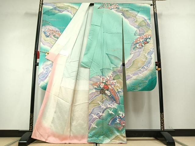 平和屋着物●豪華振袖 地紙片輪車花鳥文 暈し染め 金銀彩 正絹 逸品 AABN4049fy