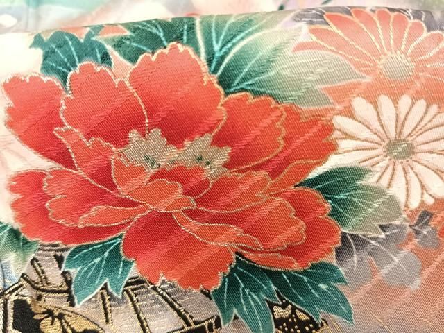 平和屋着物●豪華振袖 地紙片輪車花鳥文 暈し染め 金銀彩 正絹 逸品 AABN4049fy