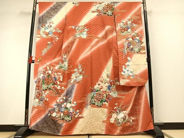 平和屋着物●豪華振袖 駒刺繍 片輪車花文 暈し染め 金彩 正絹 逸品 AABN4050fy