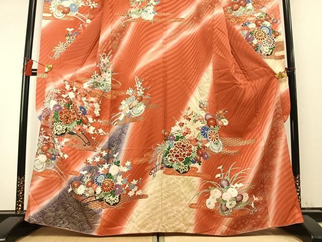 平和屋着物●豪華振袖 駒刺繍 片輪車花文 暈し染め 金彩 正絹 逸品 AABN4050fy