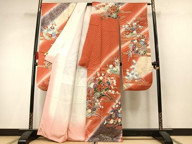 平和屋着物●豪華振袖 駒刺繍 片輪車花文 暈し染め 金彩 正絹 逸品 AABN4050fy