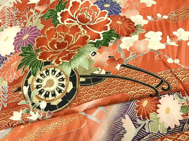 平和屋着物●豪華振袖 駒刺繍 片輪車花文 暈し染め 金彩 正絹 逸品 AABN4050fy
