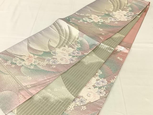 平和屋着物◎両面 六通柄袋帯 唐織 孔雀花文 銀糸 正絹 逸品 AABN4084dk