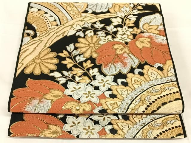 平和屋着物◎六通柄 本袋帯 唐織 吉祥花文 黒地 金銀糸 AABN4086dk