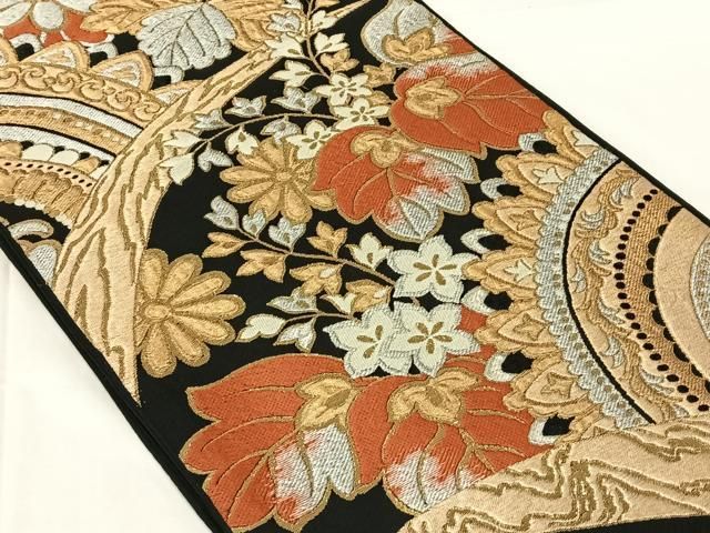 平和屋着物◎六通柄 本袋帯 唐織 吉祥花文 黒地 金銀糸 AABN4086dk