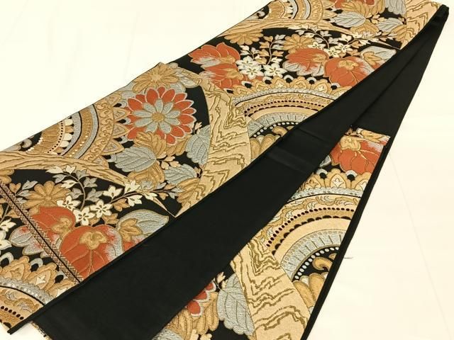 平和屋着物◎六通柄 本袋帯 唐織 吉祥花文 黒地 金銀糸 AABN4086dk