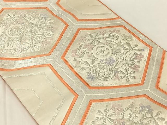 平和屋着物◎六通柄袋帯 亀甲花文 銀糸 正絹 逸品 AABN4087dk