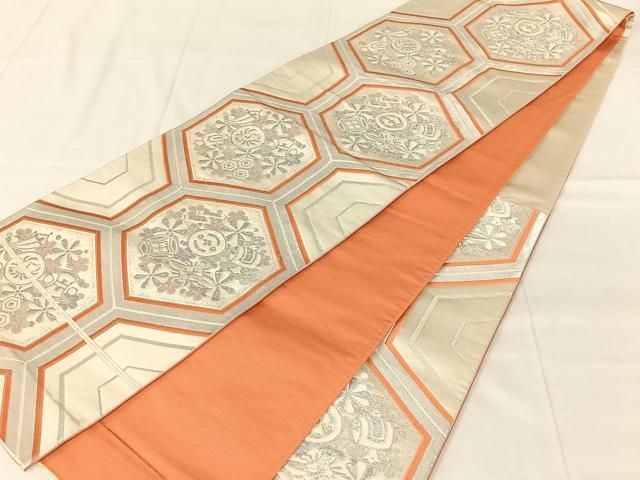 平和屋着物◎六通柄袋帯 亀甲花文 銀糸 正絹 逸品 AABN4087dk