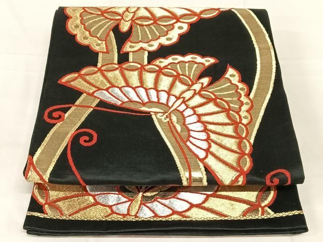 平和屋着物◎六通柄袋帯 舞蝶文 黒地 金銀糸 正絹 逸品 AABN4094dk