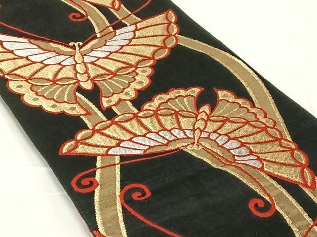 平和屋着物◎六通柄袋帯 舞蝶文 黒地 金銀糸 正絹 逸品 AABN4094dk