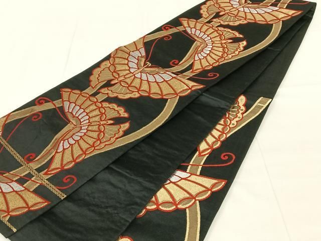 平和屋着物◎六通柄袋帯 舞蝶文 黒地 金銀糸 正絹 逸品 AABN4094dk