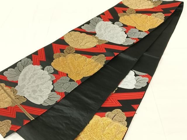 平和屋着物◎六通柄袋帯 唐織 草花文 黒地 金銀糸 正絹 逸品 AABN4095dk