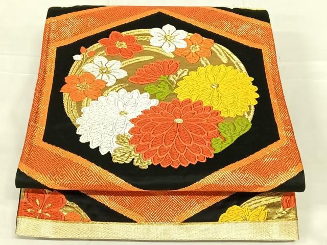 平和屋着物◎六通柄袋帯 亀甲花丸文 黒地 金糸 正絹 逸品 AABN4100dk