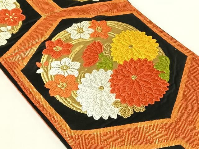 平和屋着物◎六通柄袋帯 亀甲花丸文 黒地 金糸 正絹 逸品 AABN4100dk