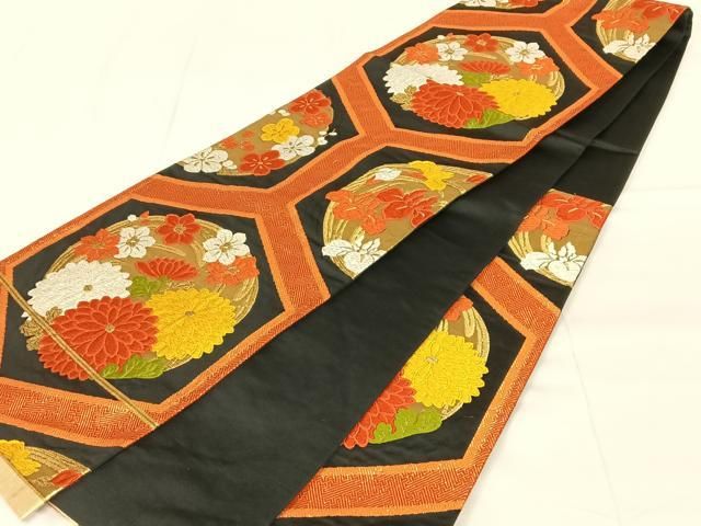 平和屋着物◎六通柄袋帯 亀甲花丸文 黒地 金糸 正絹 逸品 AABN4100dk