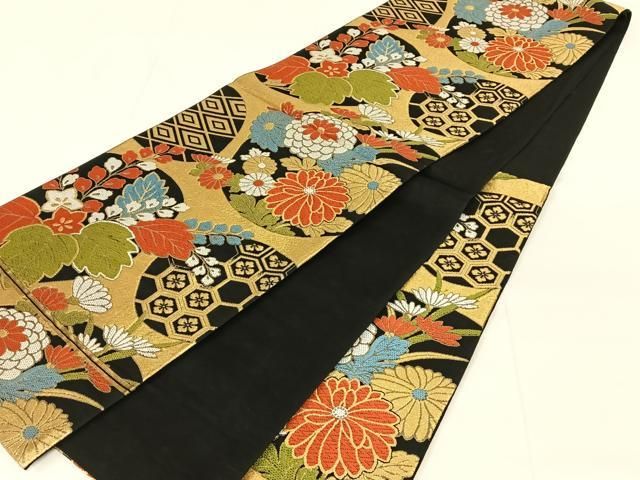 平和屋着物◎六通柄 京袋帯 唐織 桐 黒地 金糸 正絹 逸品 AABN4103dk