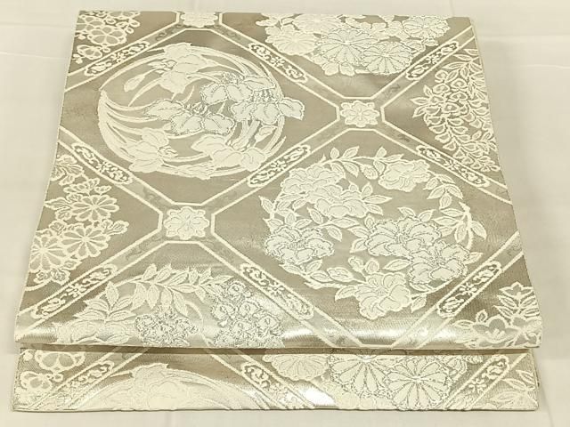 平和屋着物◎六通柄袋帯 天井花丸文 銀糸 正絹 逸品 AABN4108dk