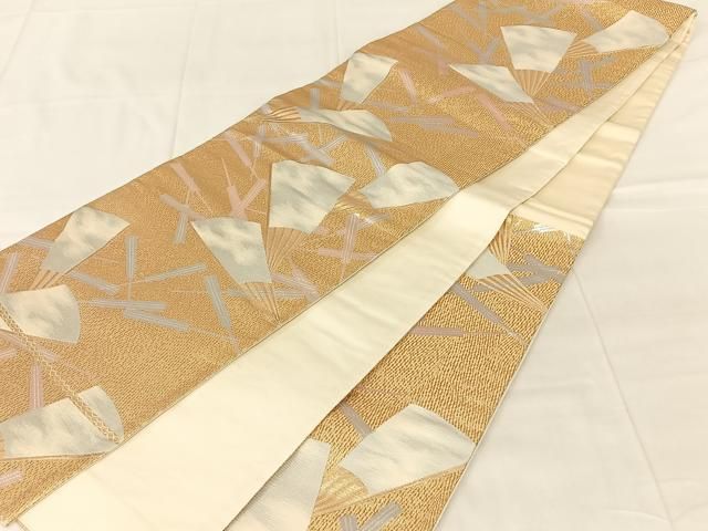 平和屋着物◎六通柄袋帯 舞扇文 金糸 正絹 逸品 AABN4147dk