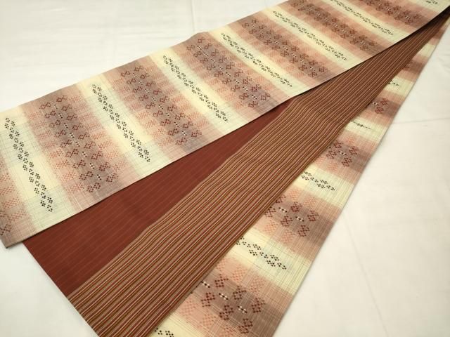 平和屋着物●両面全通柄袋帯 紬地 花織 横段文 間道 正絹 逸品 AABN4321pf