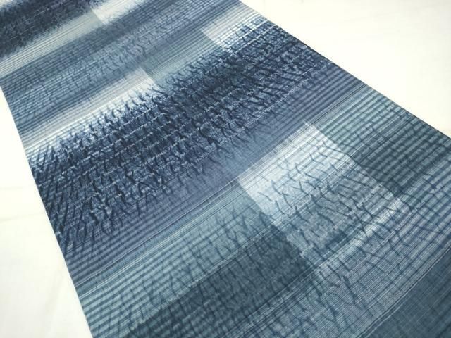 平和屋着物●両面全通柄袋帯 杢目絞り 藍 横段文 間道 正絹 逸品 AABN4329pf