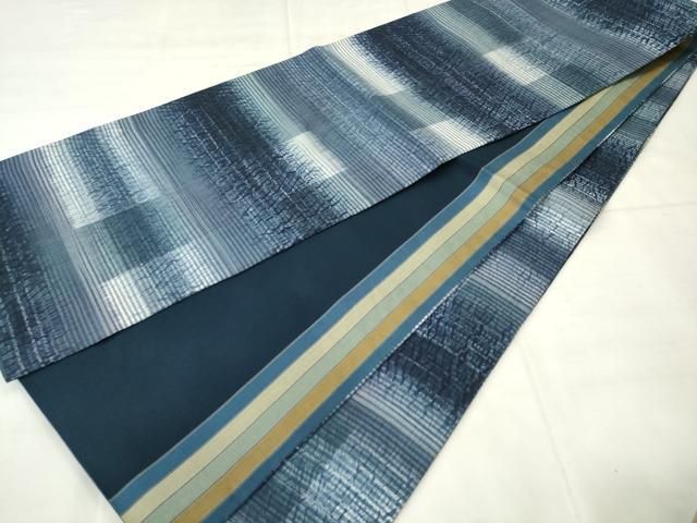 平和屋着物●両面全通柄袋帯 杢目絞り 藍 横段文 間道 正絹 逸品 AABN4329pf