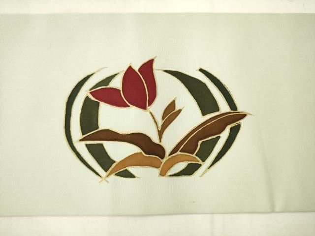 平和屋着物●塩瀬 九寸名古屋帯 駒刺繍 草花文 金彩 正絹 逸品 AABN4337pf