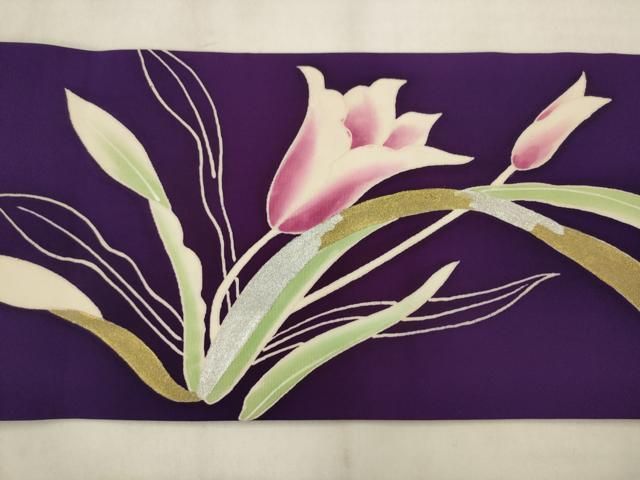 平和屋着物●塩瀬 九寸名古屋帯 草花文 金銀彩 正絹 逸品 AABN4364pf
