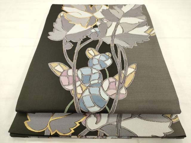 平和屋着物●六通柄袋帯 草花文 黒地 金糸 正絹 逸品 AABN4375pf